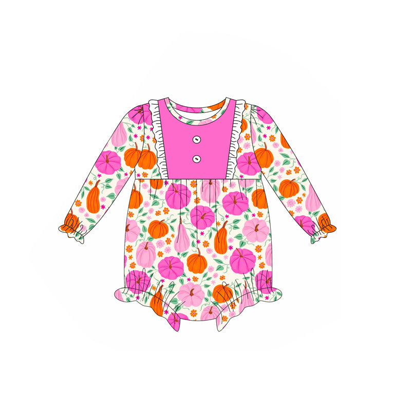 presale LR2349 Baby Girls Pink Long Sleeves Flower Pumpkins Ruffle Rompers D 6.19