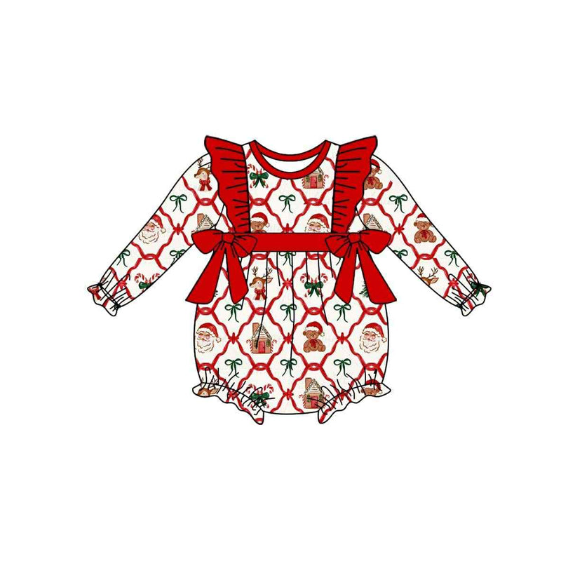 LR2352 Baby Girls Long Sleeves Trees Bows Plaid Ruffle Rompers D 7.14