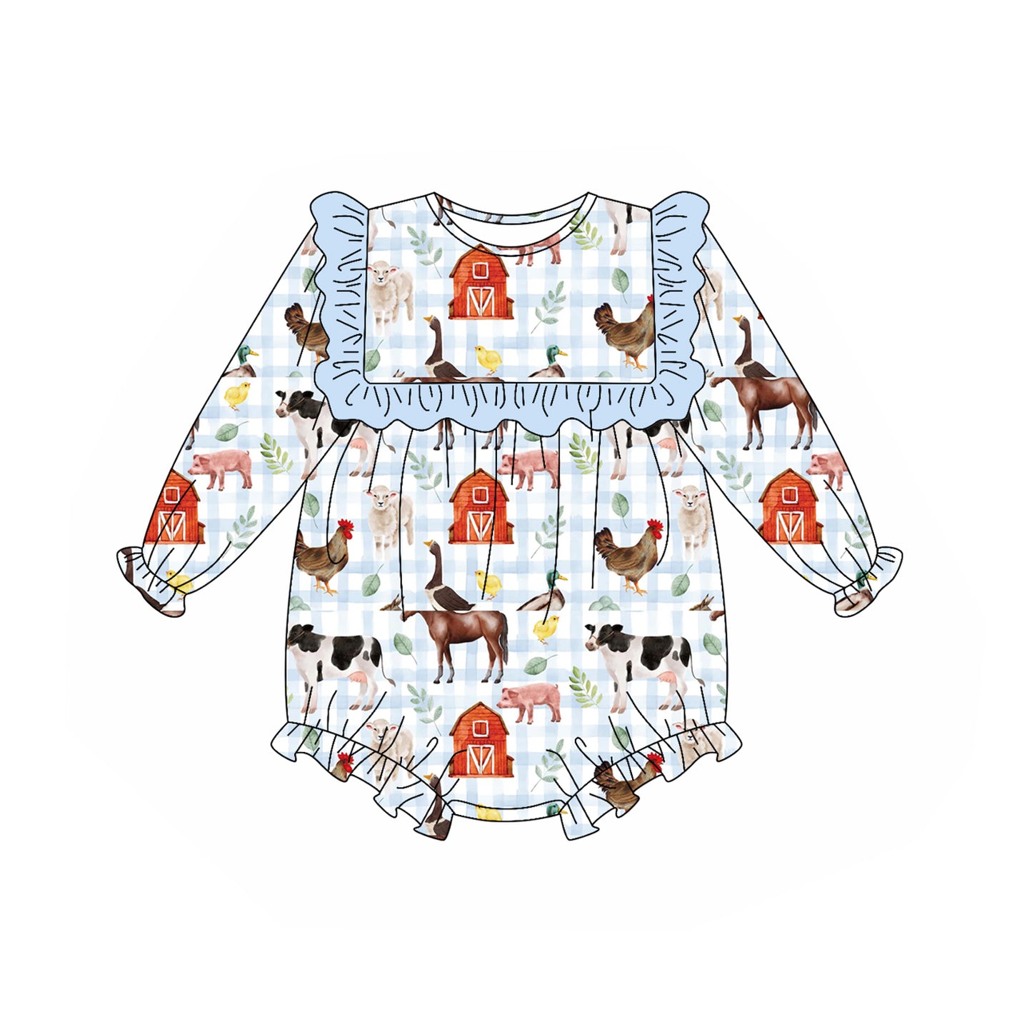 LR2362 Baby Girls Long Ruffle Sleeves Houses Chicks Plaid Rompers D 8.2