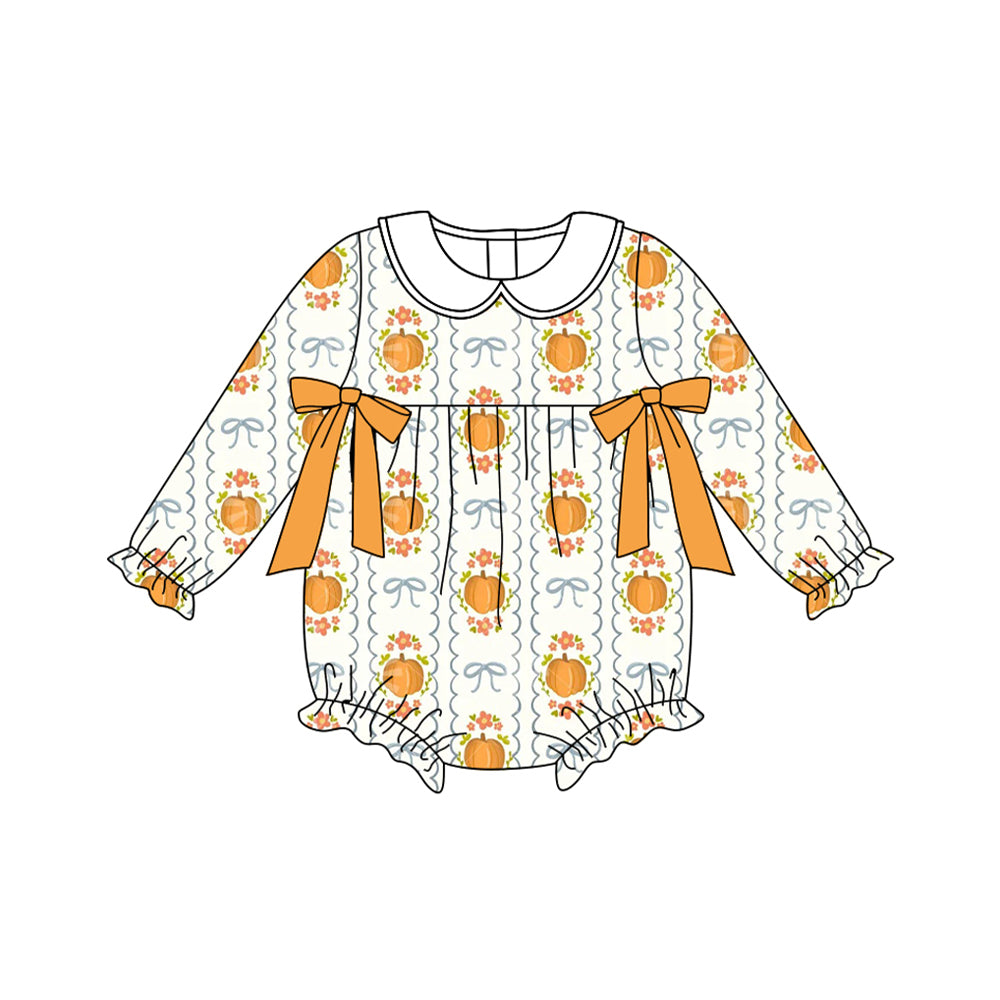 LR2389 Baby Girls Long Ruffle Sleeves Pumpkins Bows Plaid Rompers D 829
