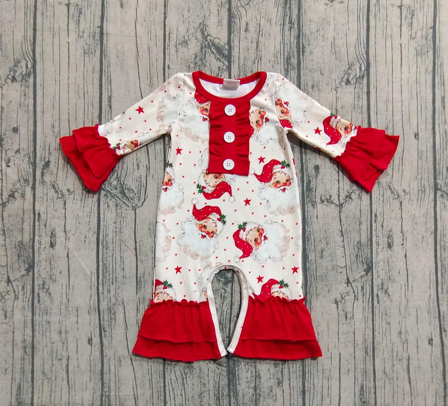 LR2395 Baby Kids Long Ruffle Sleeves Santa Stars Button Pant Rompers D 7.16