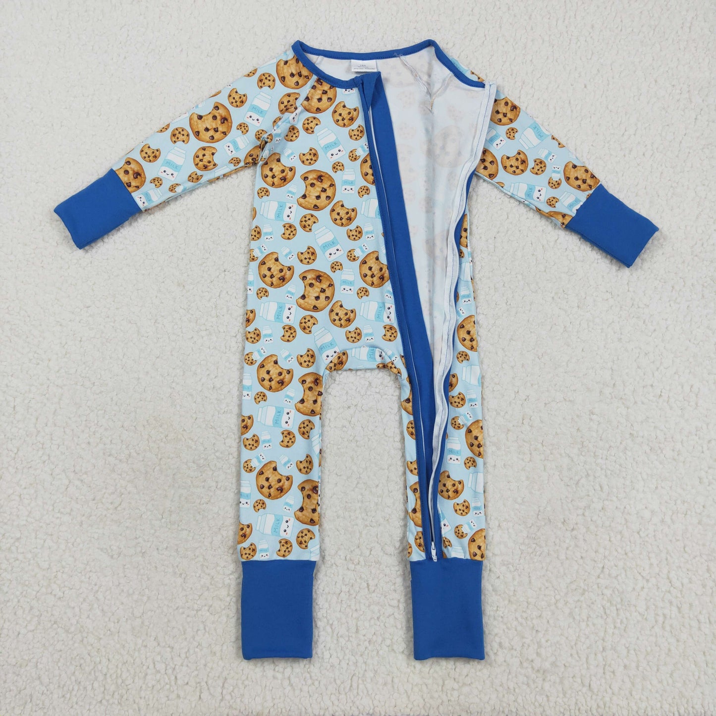 LR2397 Baby Boys Blue Long Sleeves Milk Cookies Zipper Pant Rompers D 7.16