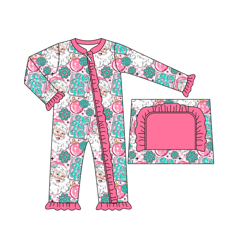presale LR2400 Baby Girls Pink Christmas Santa Lights Ruffle Zipper Pant Rompers D 7.4