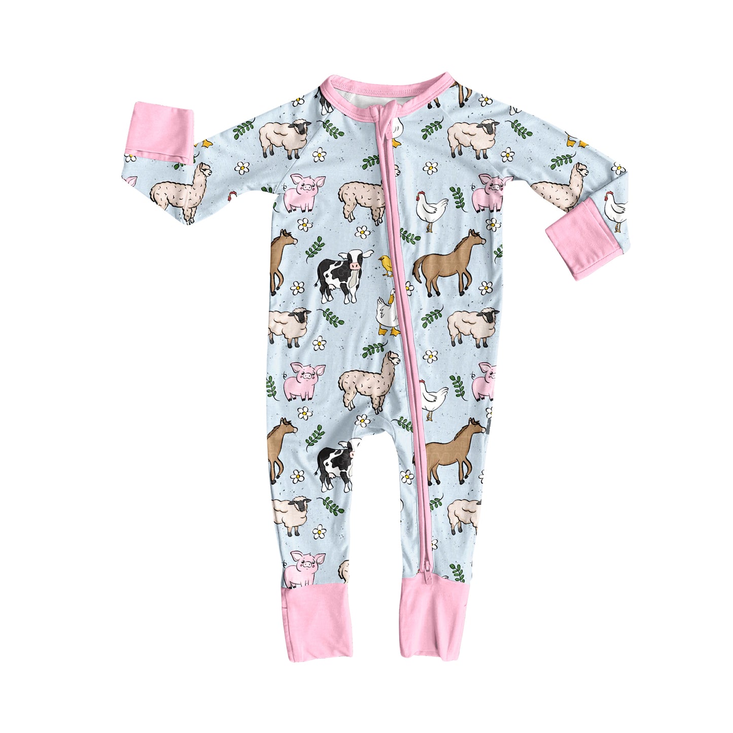 presale LR2401 Baby Girls Long Sleeves Horses Chicks Farm Zipper Pant Rompers D 7.5