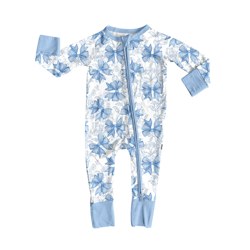 presale LR2402 Baby Girls Long Sleeves Blue Bows Flowers Zipper Pant Rompers D 7.5
