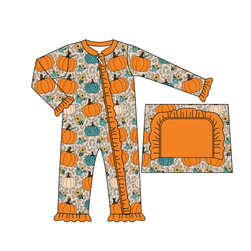 presale LR2413 Baby Girls Long Ruffle Sleeves Leopard Pumpkins Flowers Zipper Rompers D 7.8