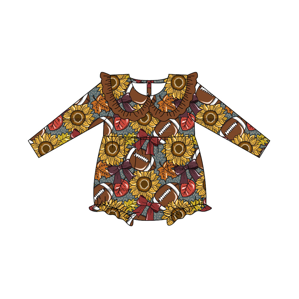 presale LR2416 Baby Girls Brown Long Sleeves Sunflower Footballs Ruffle Rompers D 7.8