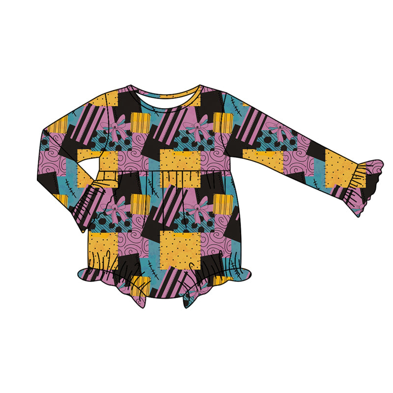 presale LR2422 Baby Girls Long Ruffle Sleeves Purple Bows Plaid Rompers D 7.11