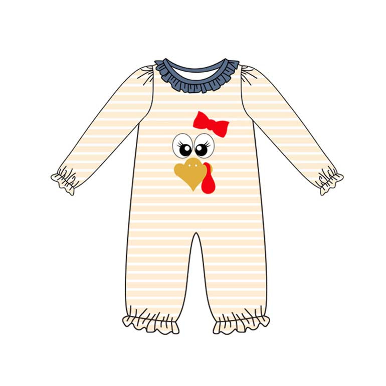LR2424 Embroidery Turkey Baby Girls Stripe Thanksgiving Ruffle Footie Rompers D 1020