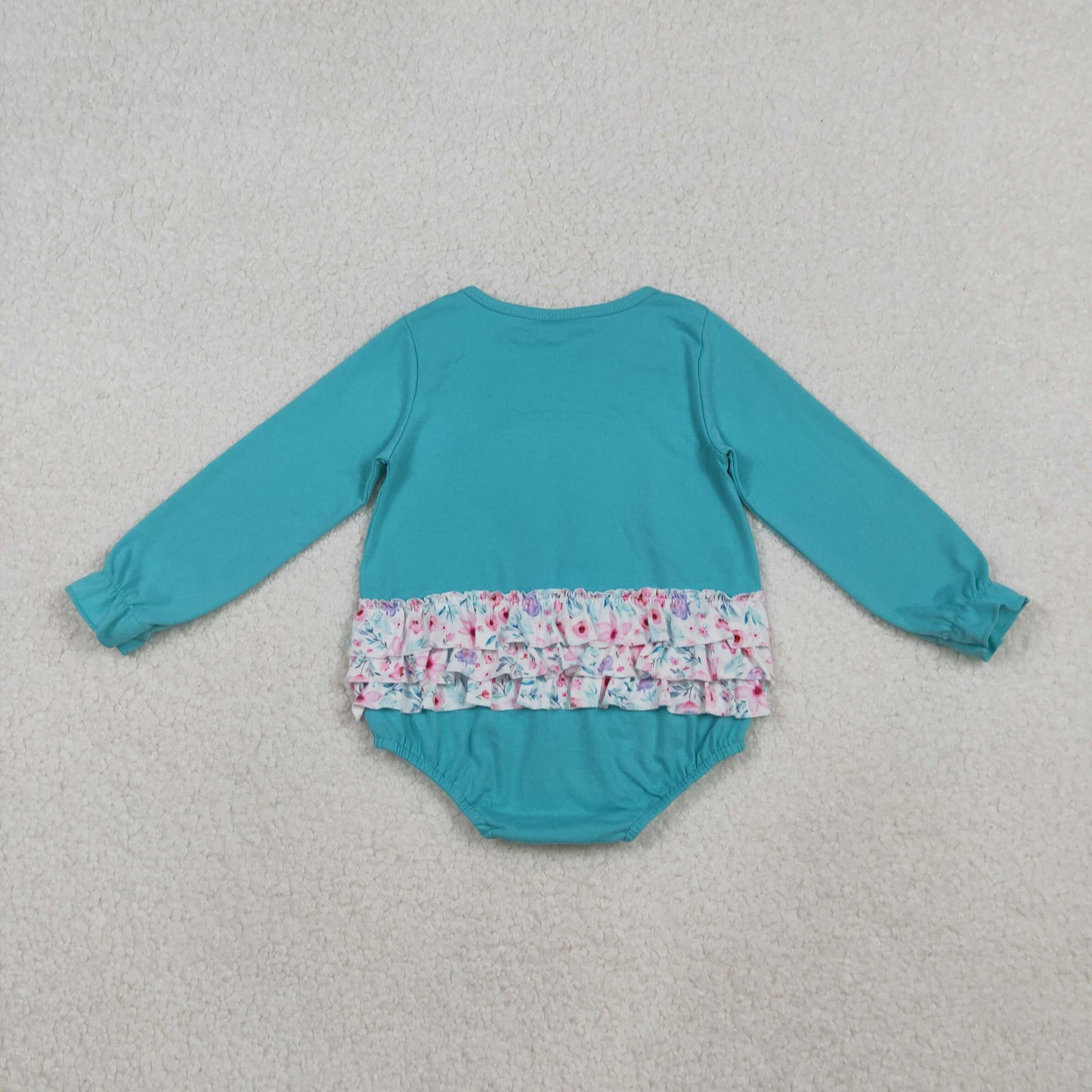 LR2432 Baby Girls Aqua Long Sleeves Floral Bows Ruffle Rompers D 1023