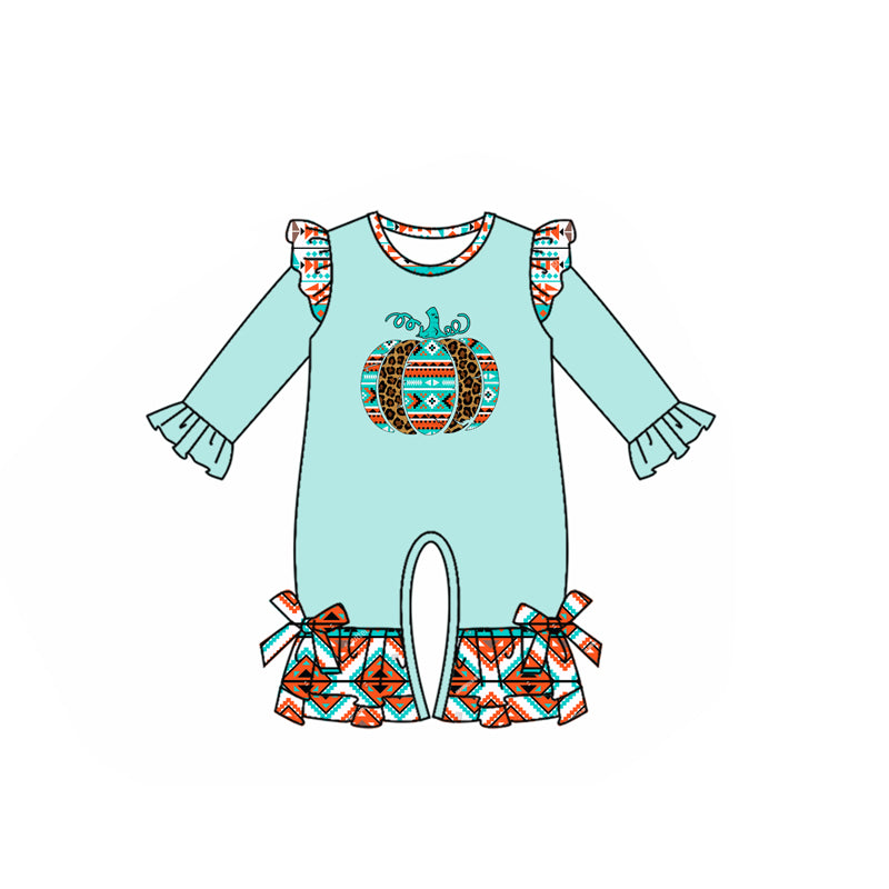 presale LR2452 Baby Girls Light Blue Long Sleeves Leopard Pumpkins Ruffle Pant Rompers D 7.16