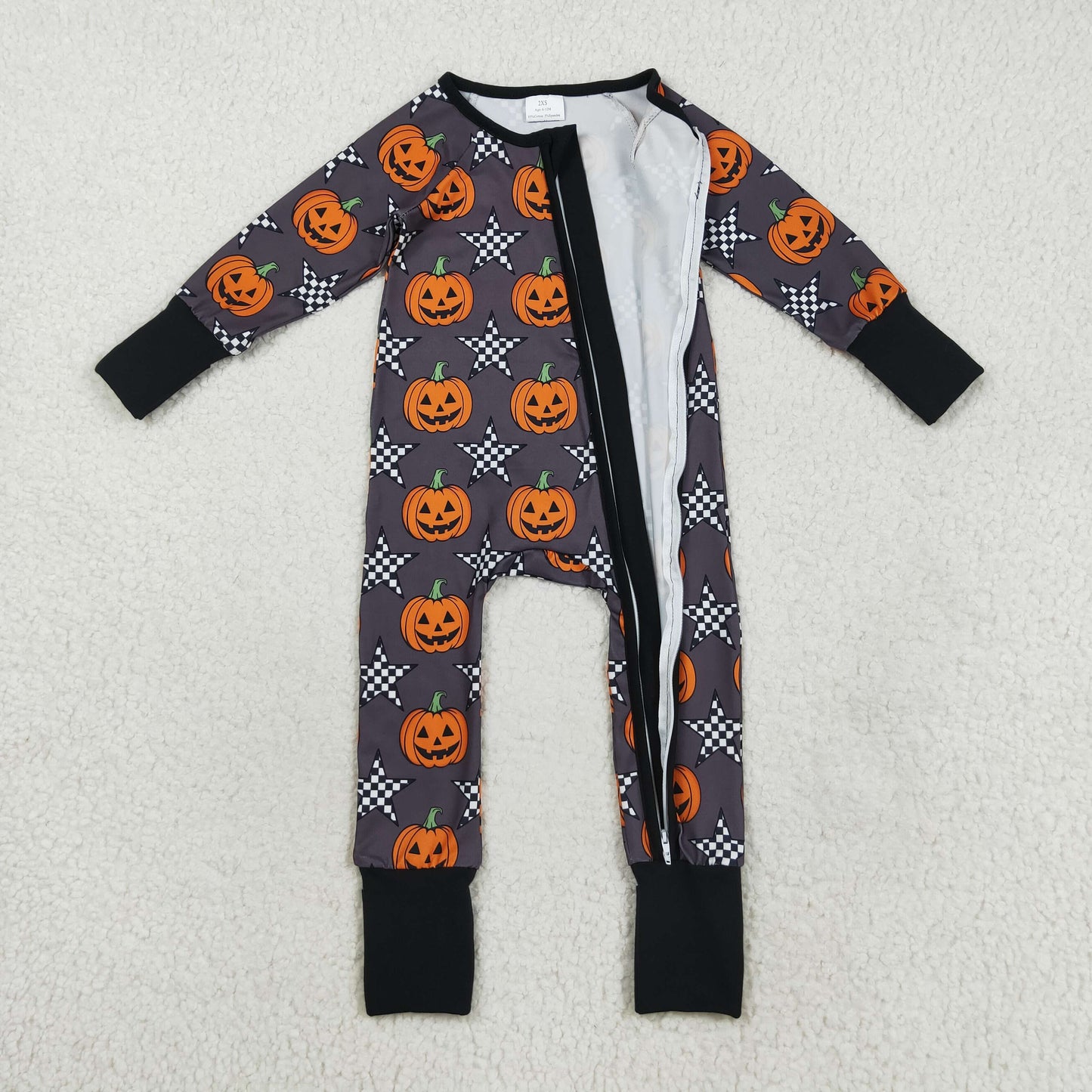 LR2464 Baby Boys Long Sleeves Plaid Stars Pumpkins Zipper Pant Rompers D 821