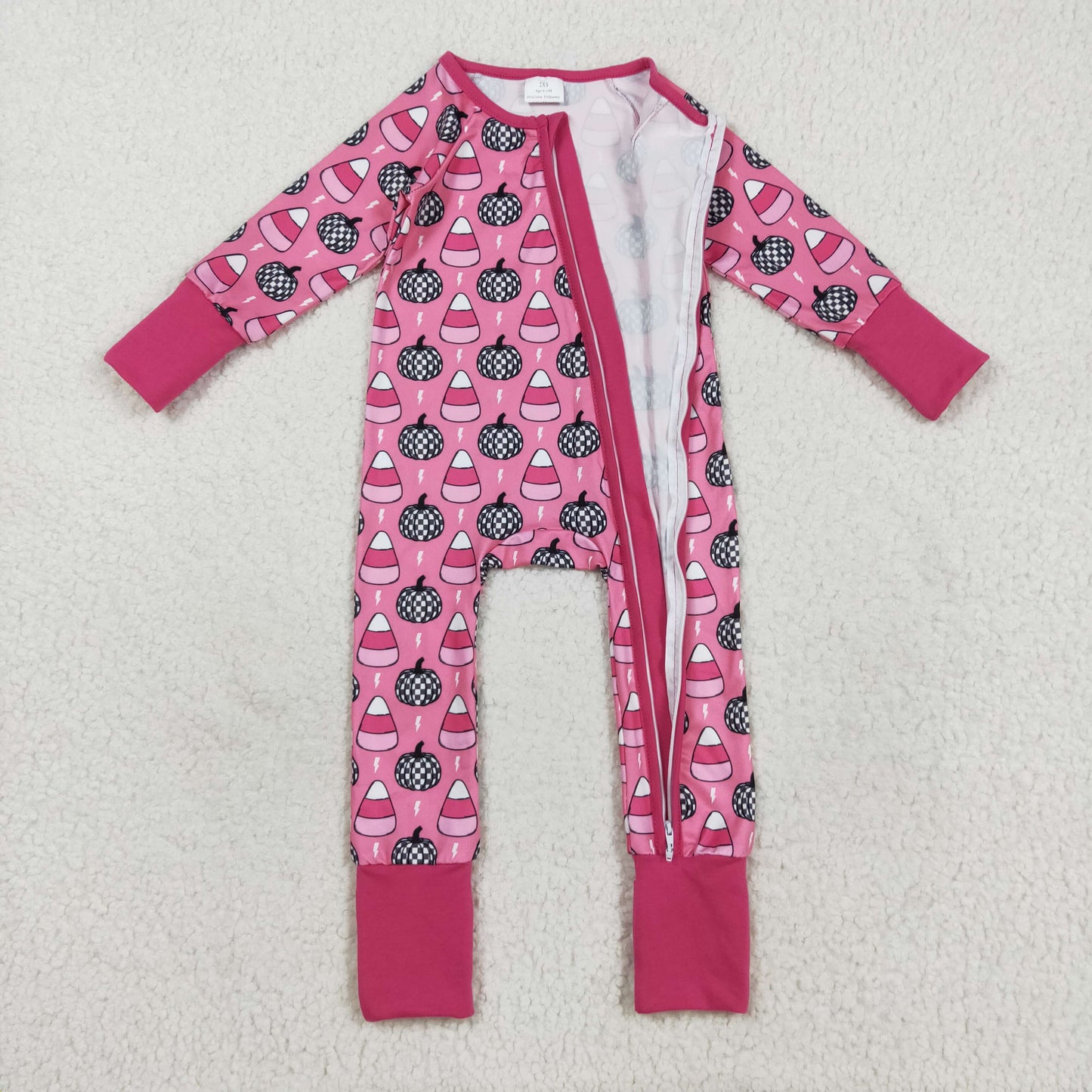 LR2467 Baby Girls Long Sleeves Plaid Pumpkins Candy Zipper Pant Rompers D 821