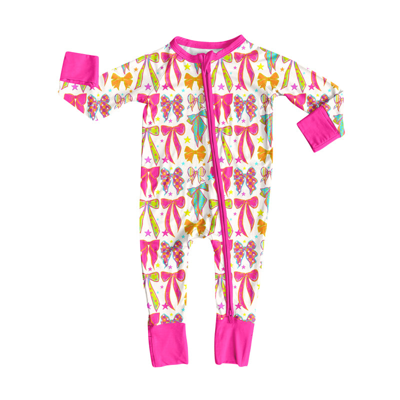 LR2468 Baby Girls Long Sleeves Colorful Bows Stars Zipper Pant Rompers D 822