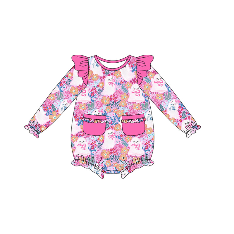 presale LR2471 Baby Girls Long Sleeves Ghosts Floral Pockets Ruffle Rompers D 7.18