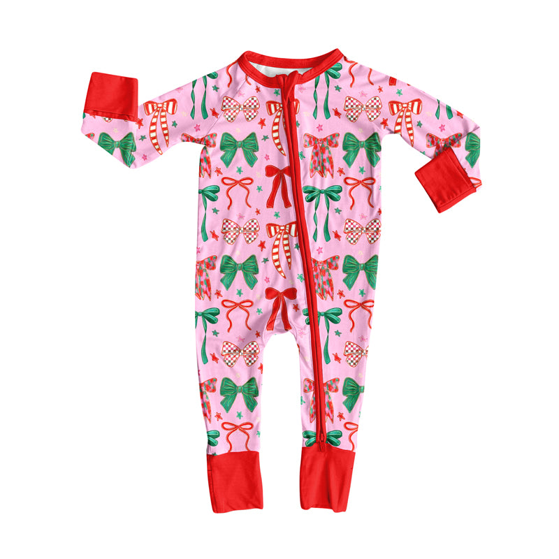 presale LR2476 Baby Girls Long Sleeves Green Red Bows Plaid Zipper Pant Rompers D 7.18