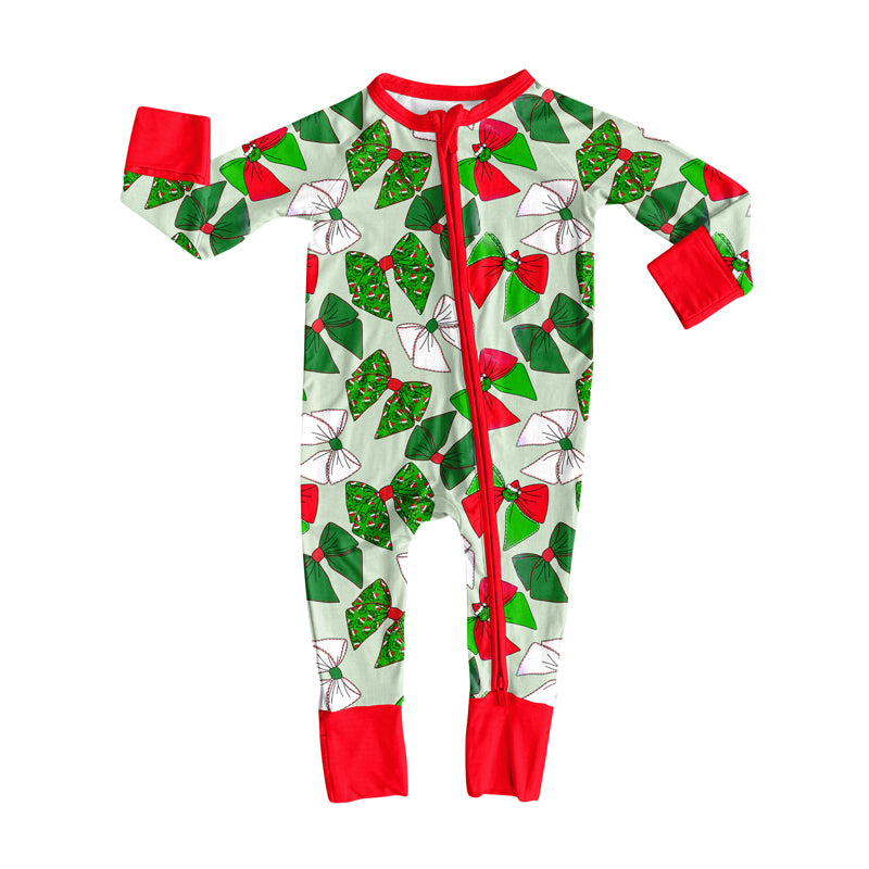 presale LR2485 Baby Boys Long Sleeves Green Red Bows Plaid Zipper Rompers D 7.18