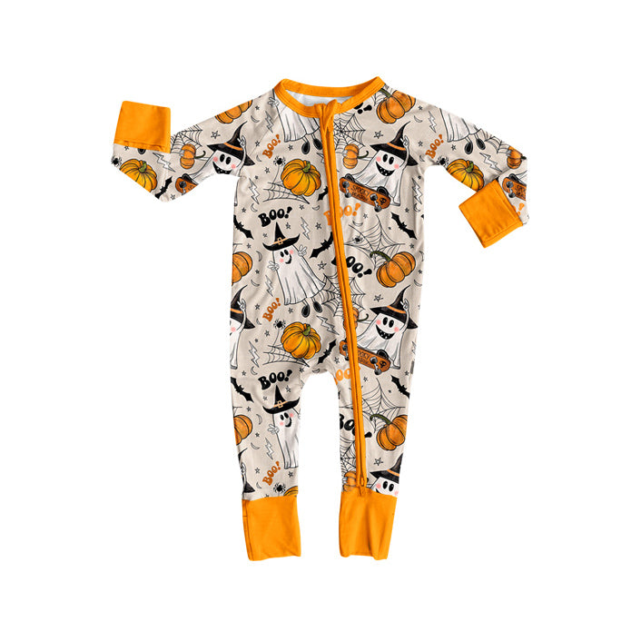 presale LR2494 Baby Girls Orange Long Sleeves Bats Ghosts Plaid Zipper Pant Rompers D 7.19