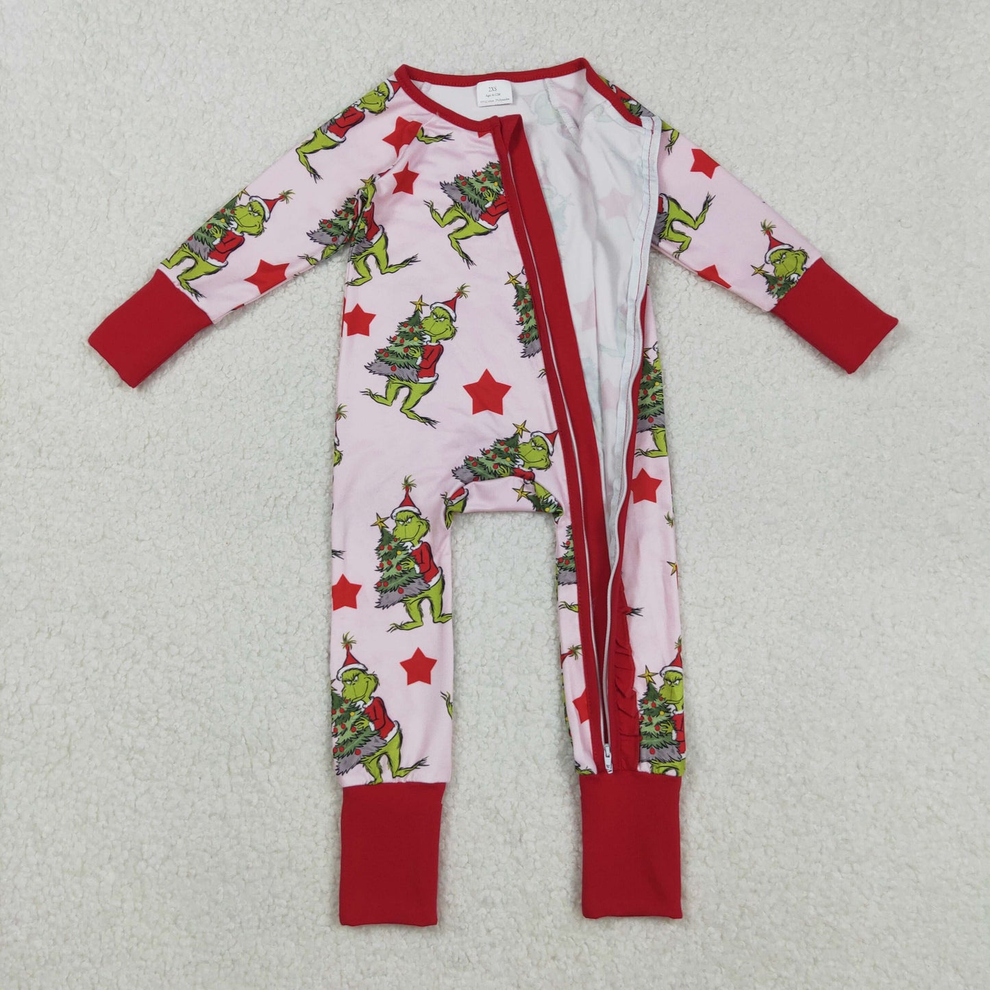 LR2496 Baby Girls Long Sleeves Green Faces Trees Plaid Ruffle Zipper Rompers D 901