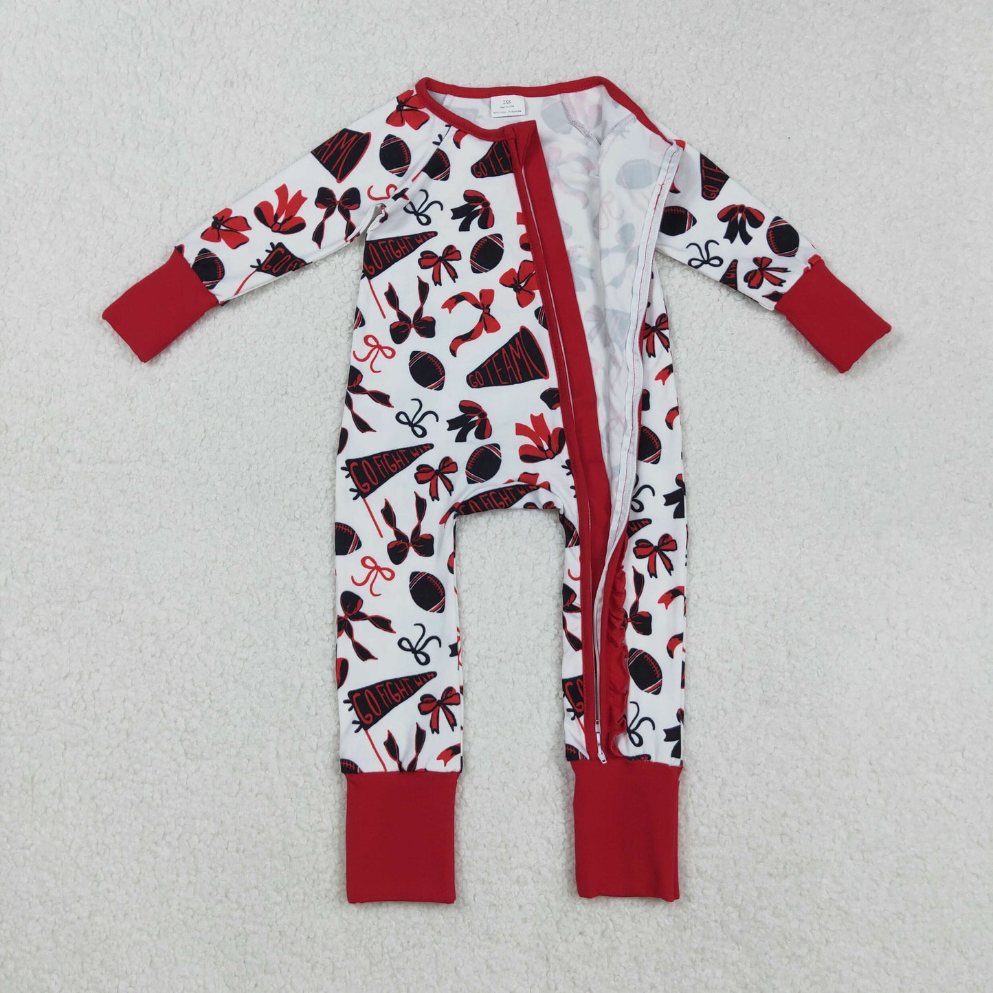 LR2512 Baby Girls Red Bows Footballs Plaid Ruffle Zipper Team Rompers D 904