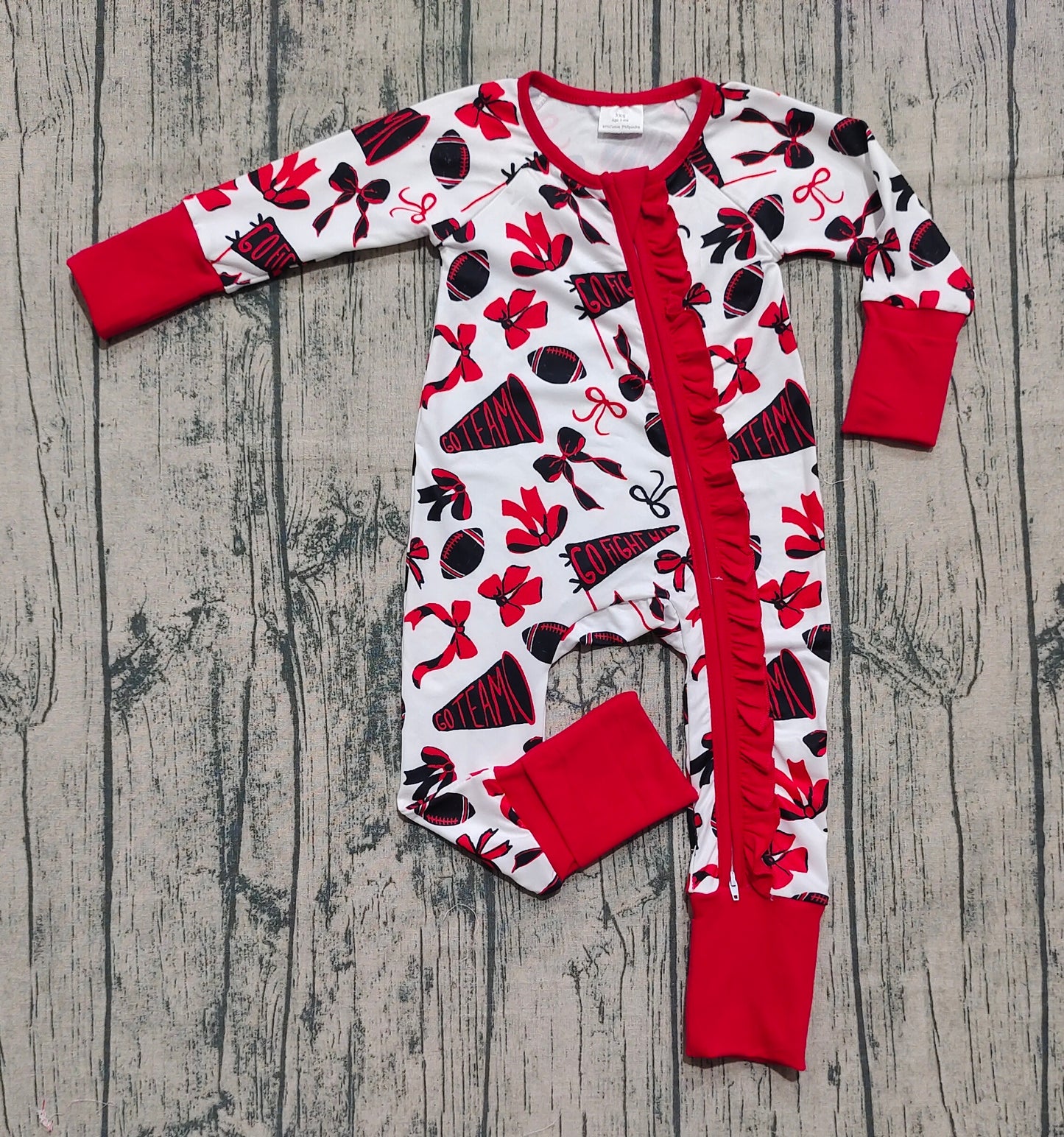 LR2512 Baby Girls Red Bows Footballs Plaid Ruffle Zipper Team Rompers D 904