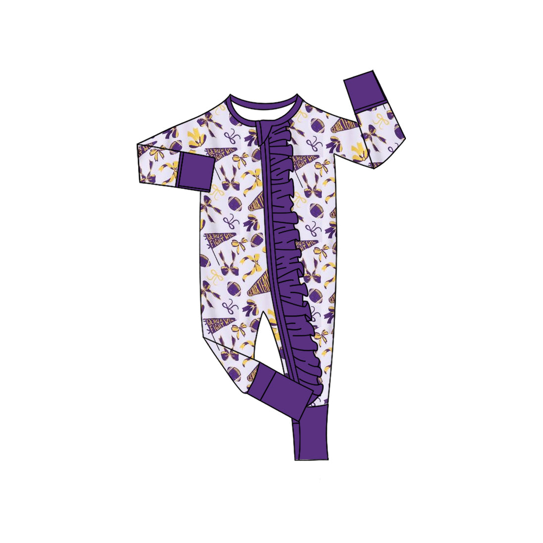 presale LR2513 Baby Girls Purple Bows Footballs Plaid Ruffle Zipper Team Rompers D 8.11