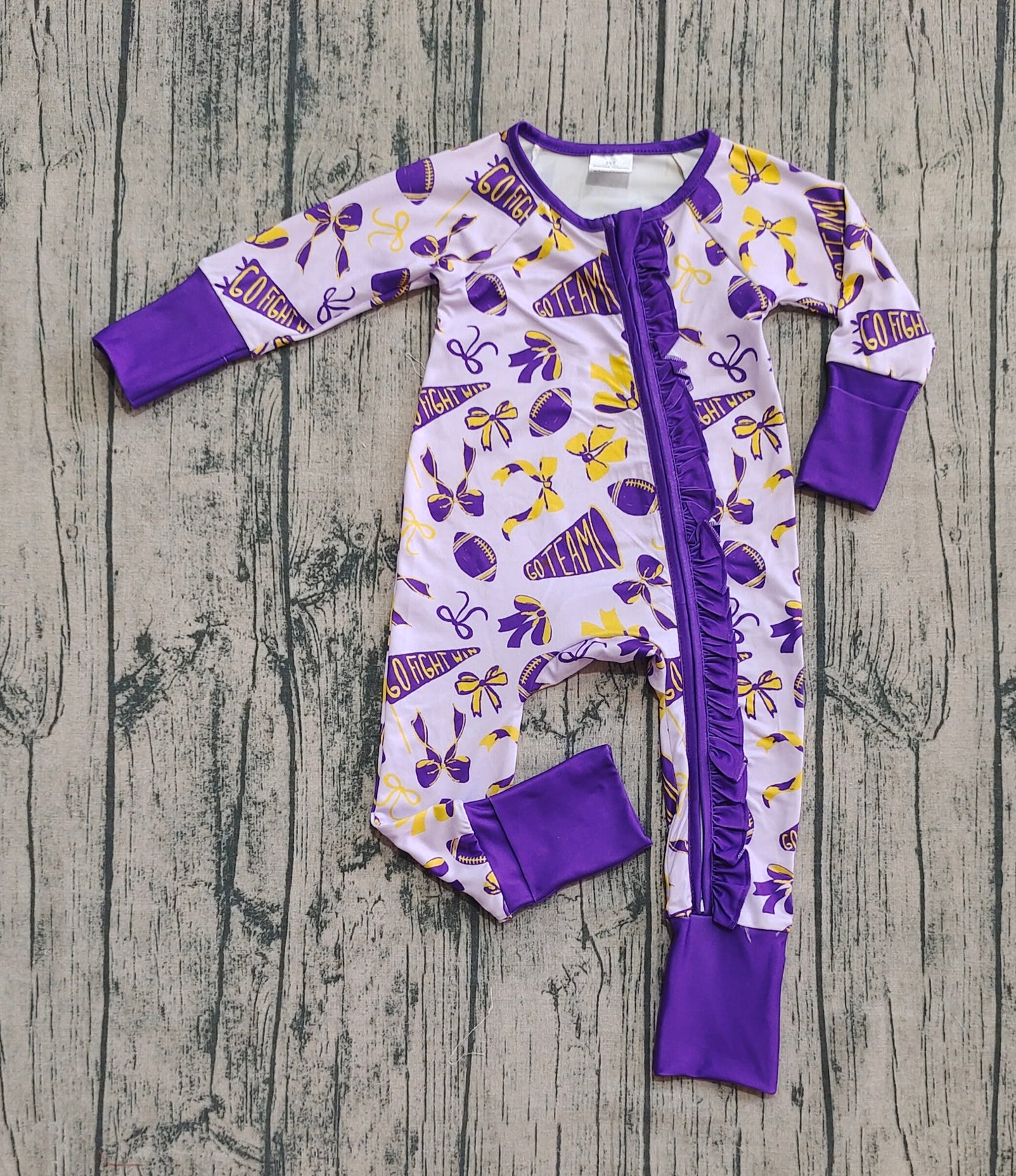 presale LR2513 Baby Girls Purple Bows Footballs Plaid Ruffle Zipper Team Rompers D 8.11