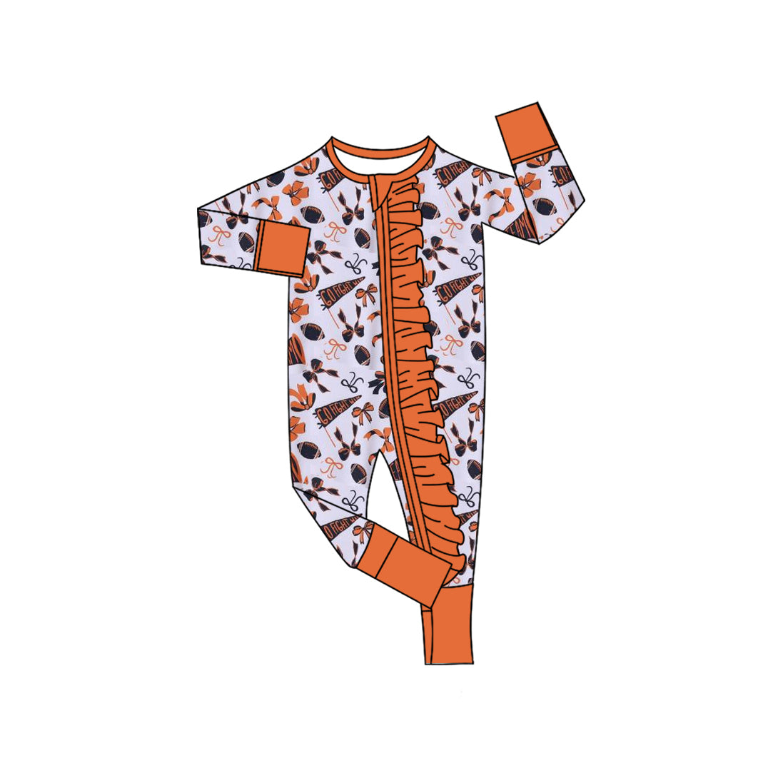 presale LR2514 Baby Girls Orange Bows Footballs Plaid Ruffle Zipper Team Rompers D 7.29
