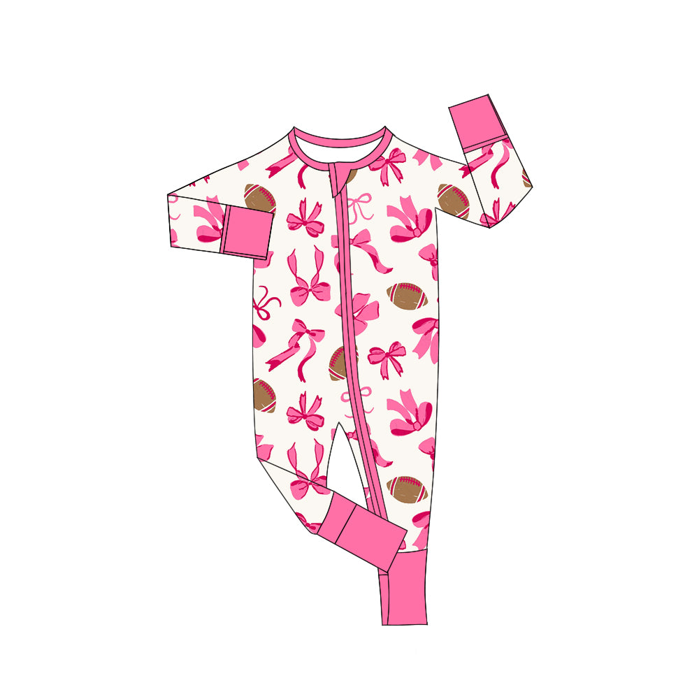 presale LR2526 Baby Girls Pink Footballs Bows Plaid Team Zipper Footie Rompers D 8.5