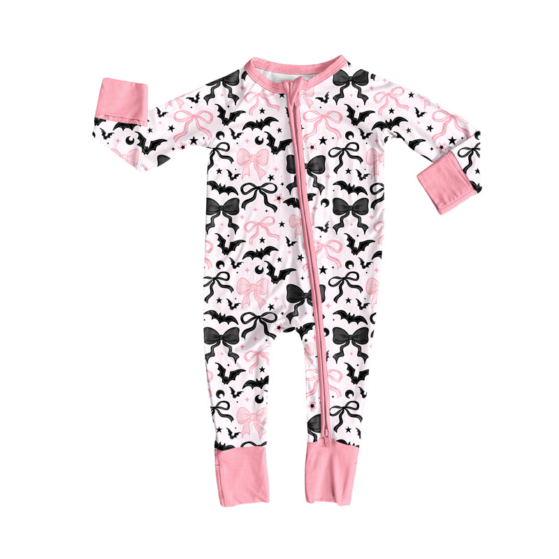 presale LR2536 Baby Girls Bows Bats Plaid Halloween Zipper Footie Rompers D 8.6