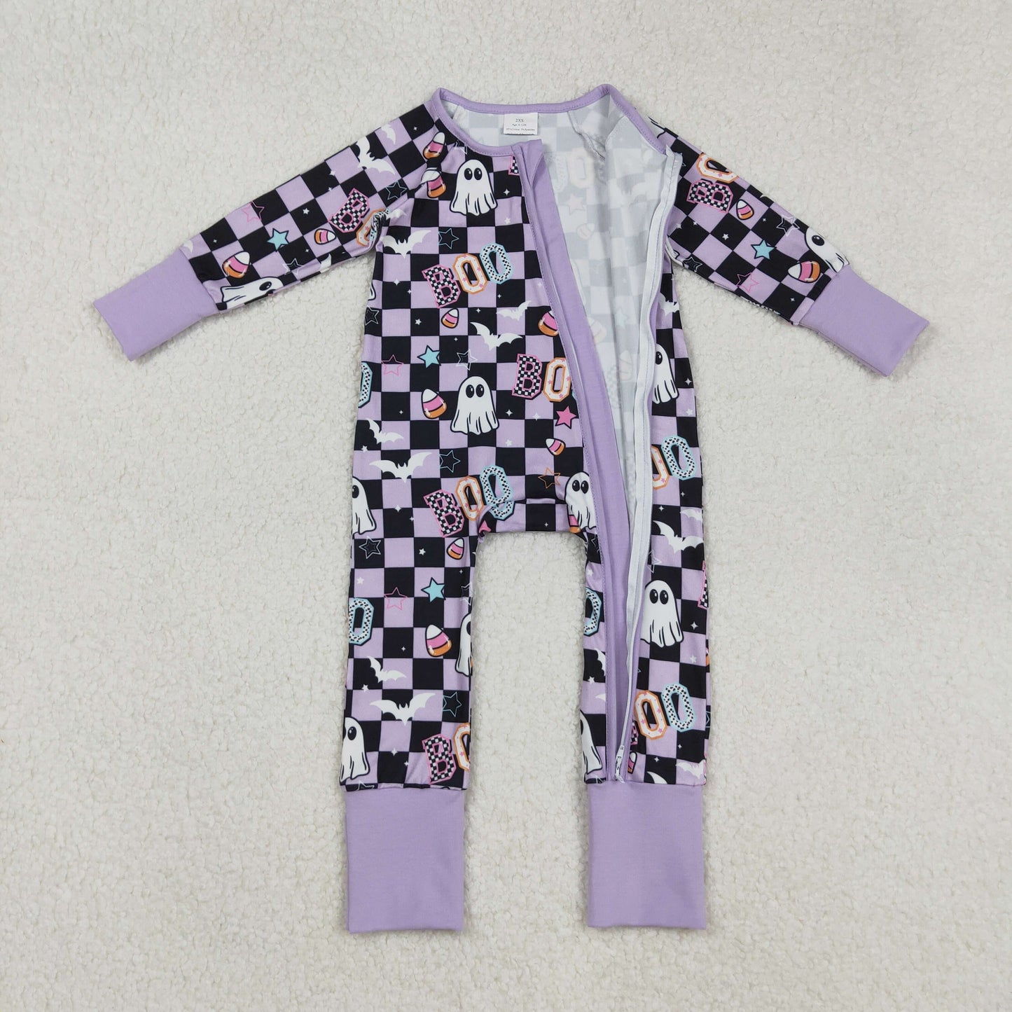 LR2541 Baby Girls Black Plaid Ghosts Candy Halloween Zipper Footie Rompers D 904