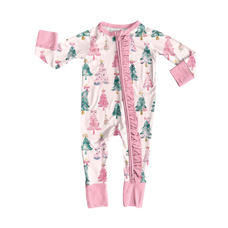 presale LR2544 Baby Girls Christmas Trees Bows Plaid Ruffle Zipper Footie Rompers D 8.7