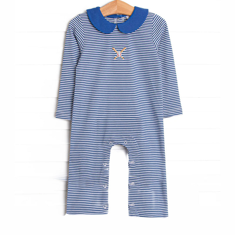 presale LR2558 Baby Boys Blue Stripes Baseball Footie Rompers D 8.9