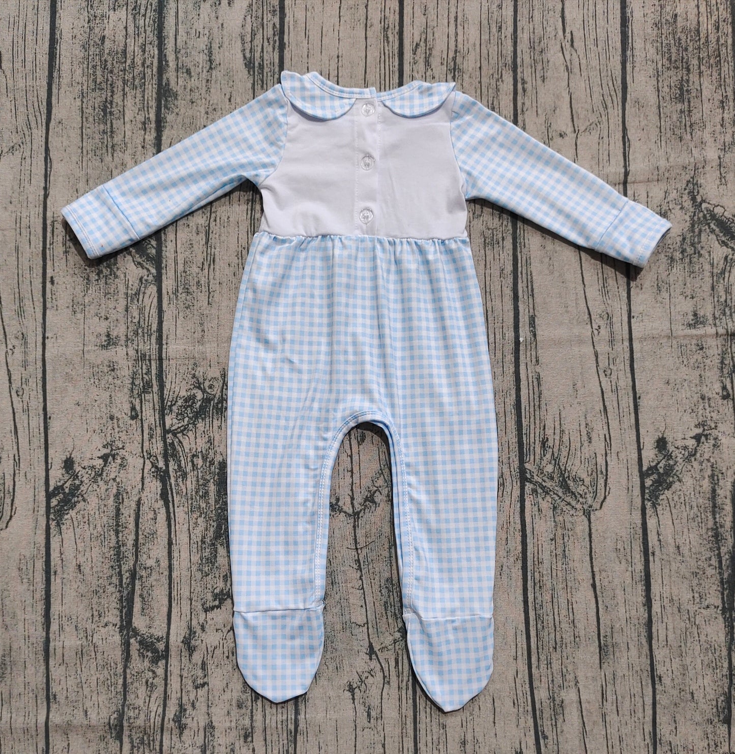 presale LR2561 Baby Girls Light Blue Plaid Pumpkins Turkey Fall Footed Rompers D 8.9