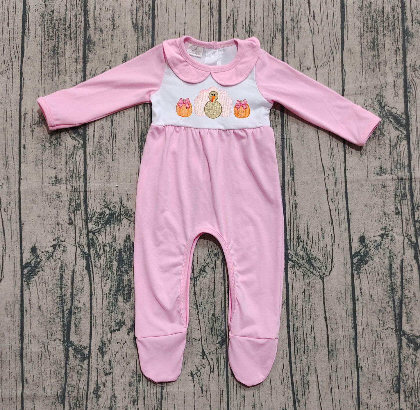 presale LR2563 Baby Girls Pink Pumpkins Turkey Fall Footed Rompers D 8.9