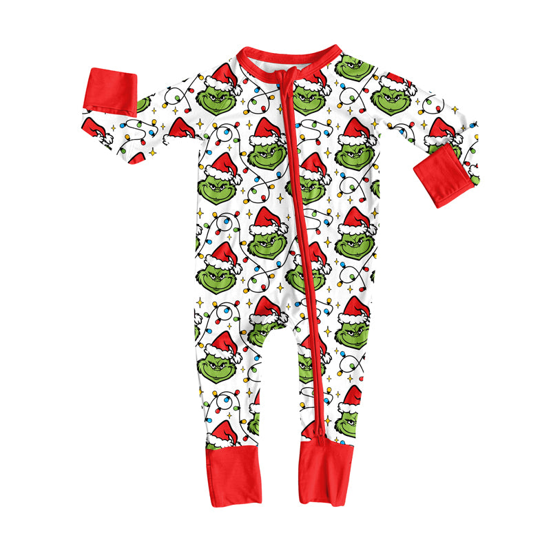 LR2574 Baby Boys Christmas Lights Green Face Plaid Zipper Footie Rompers D 905
