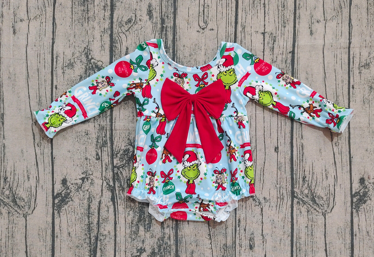 LR2575 Baby Girls Christmas Green Face Holly Ruffle Rompers D 905