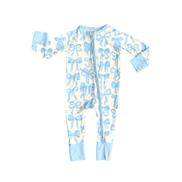presale LR2581 Baby Boys Light Blue Bows Plaid Zipper Footie Rompers D 820