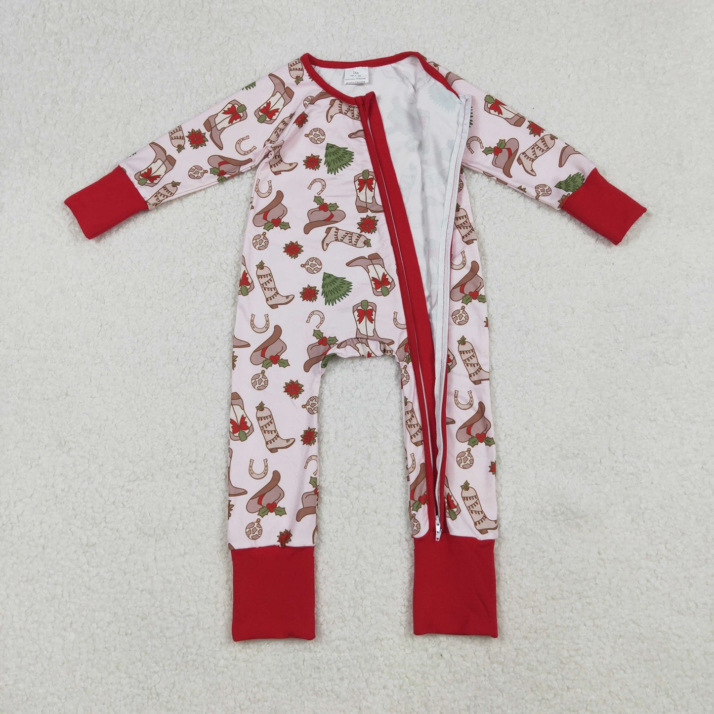 LR2584 Baby Girls Holly Boots Christmas Zipper Footie Rompers D 905