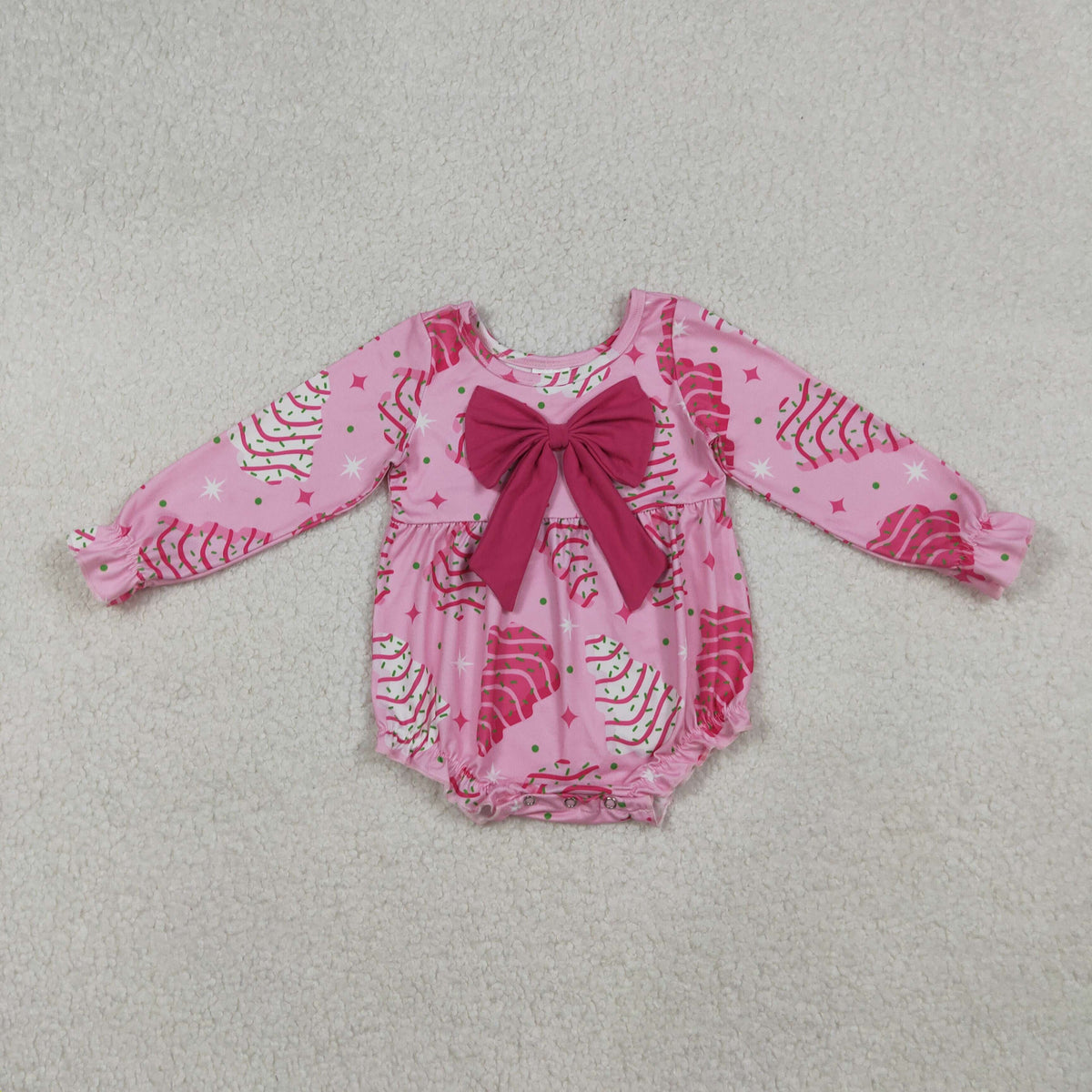 LR2586 Baby Girls Pink Christmas Trees Stars Plaid Bows Ruffle Rompers