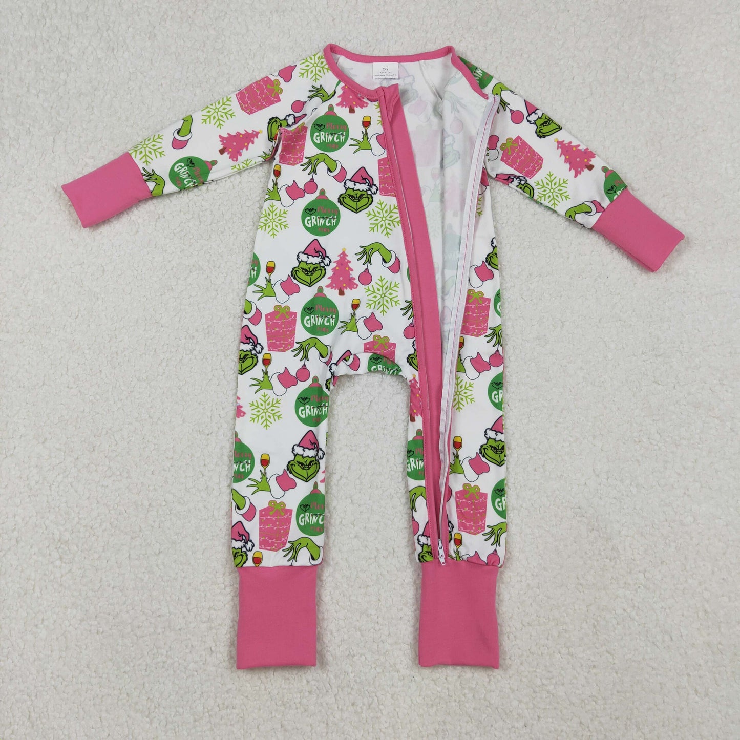 LR2588 Baby Girls Green Face Gifts Christmas Zipper Footie Rompers D 905