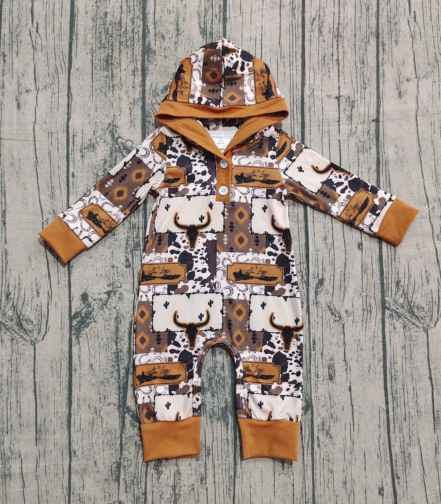 LR2592 Baby Boys Brown Aztec Bull Skulls Western Button Hoodie Footie Rompers D 918