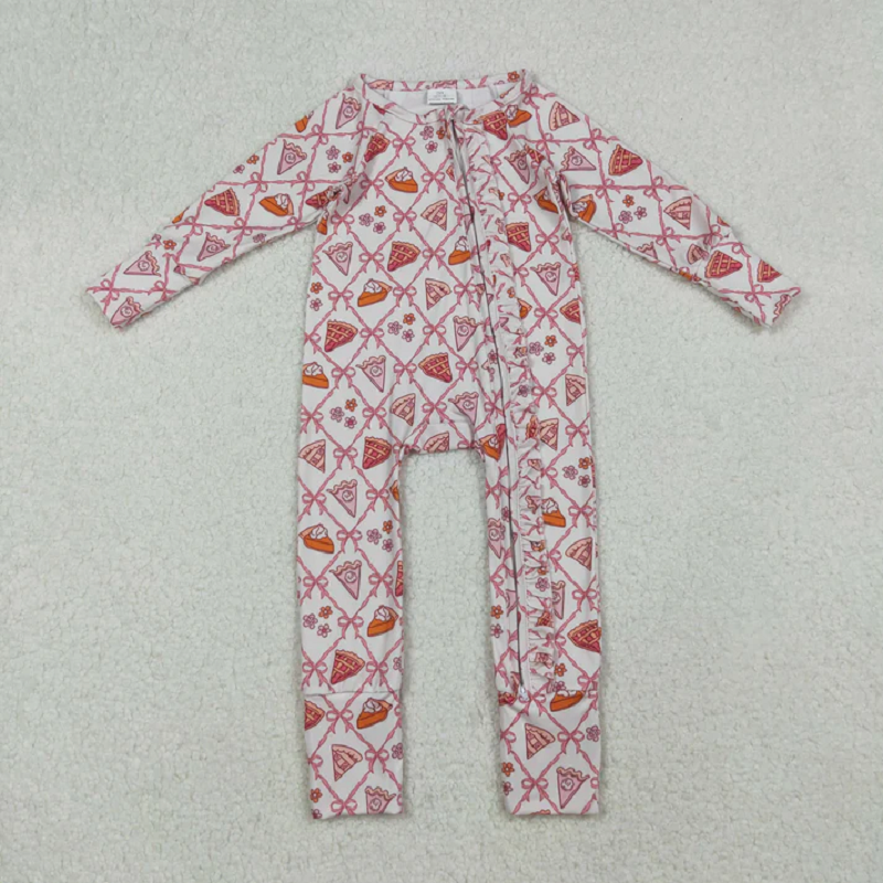 Sibling Baby Girls Bows Flowers Pie Checked Button Thanksgiving Pajamas Set Zip Footie Rompers D 927