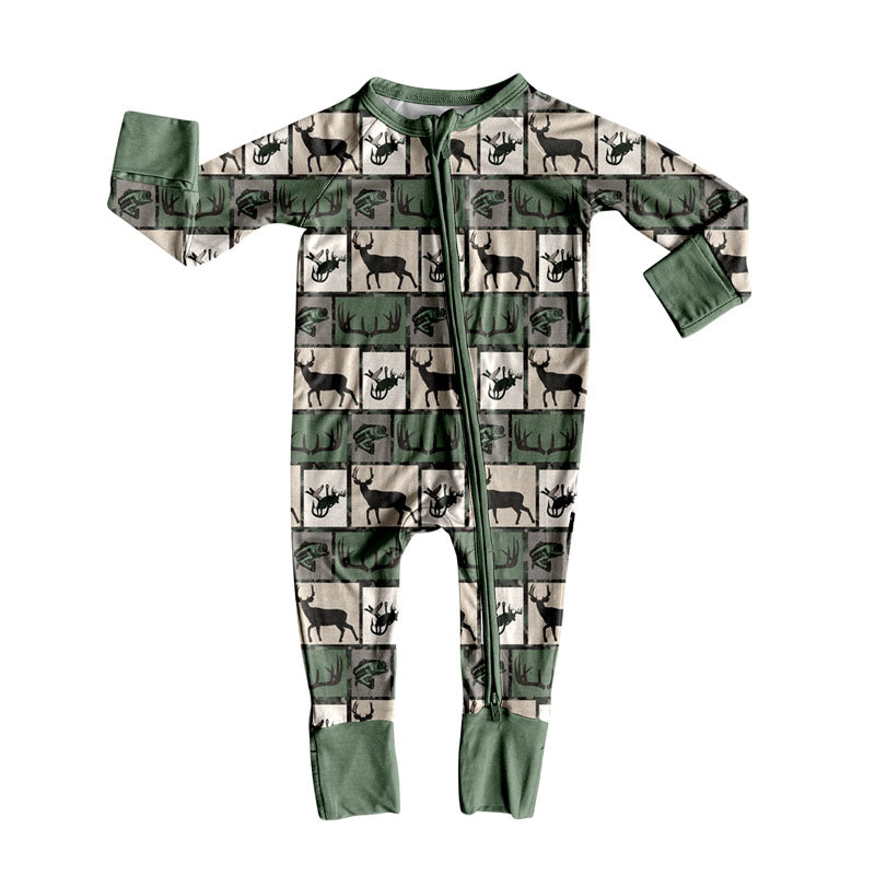 presale LR2645 Baby Boys Green Deer Fishes Checked Western Hunting Zipper Footie Rompers D 909