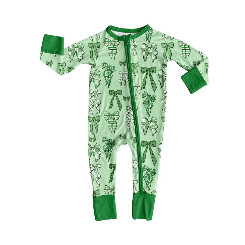 presale LR2654 Baby Boys Green Clover Bows St Patrick Zipper Footie Rompers D 911