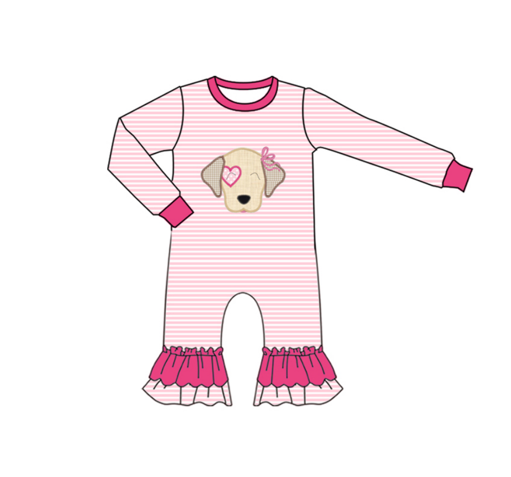 presale LR2660 Baby Girls Pink Stripe Heart Dog Valentine Ruffle Footie Rompers D 911