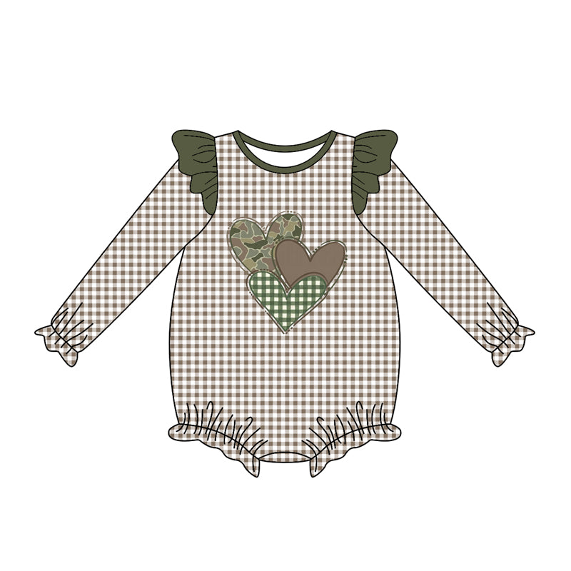 presale LR2663 Baby Girls Green Checked Camo Hearts Valentine Ruffle Rompers D 912