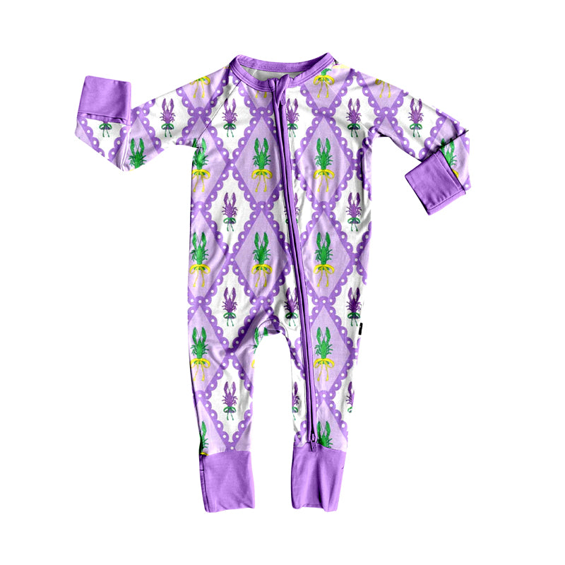 presale LR2667 Baby Girls Mardi Gras Crayfishes Checked Zipper Footie Rompers D 912