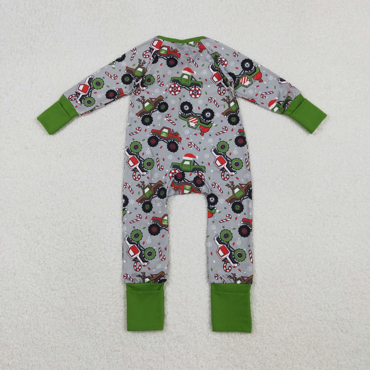 LR2669 Baby Boys Trucks Candy Cane Christmas Zipper Footie Rompers D 1110