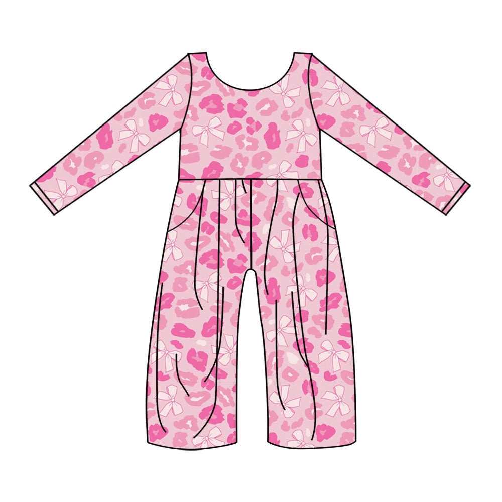 presale LR2685 Baby Girls Pink Long Sleeve Bows Leopard Pockets Jumpsuits D 917